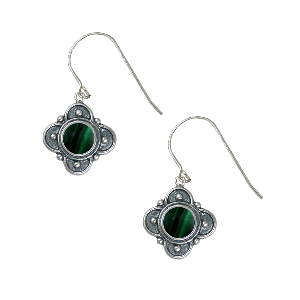 Sterling Silver Designer in Malachite Gemstone Drop Dangle Earrings